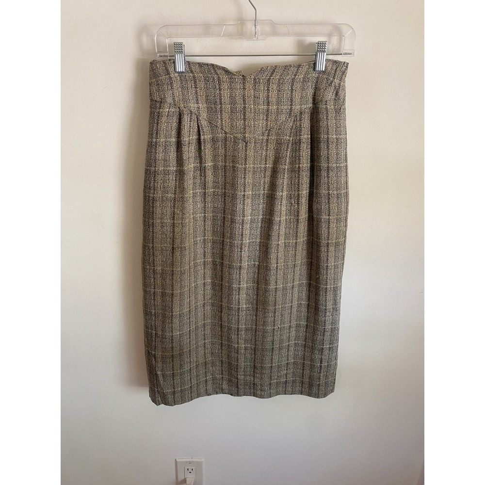 Carnaby Street Vintage Plaid Tweed Pencil Skirt Brown Tan Notched Waist Sz 11